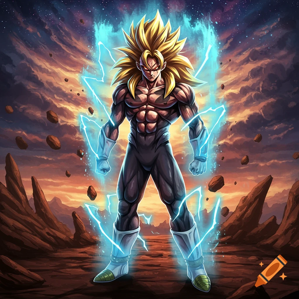 A powerful anime warrior with spiky golden hair and a muscular physique, surrounded by a glowing blue aura and lightning, stands on a rocky alien planet.