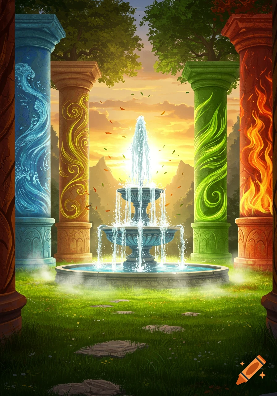 A vibrant fantasy landscape with a central glowing fountain, flanked by four colorful pillars representing water, wind, nature, and fire, under a golden sunset.