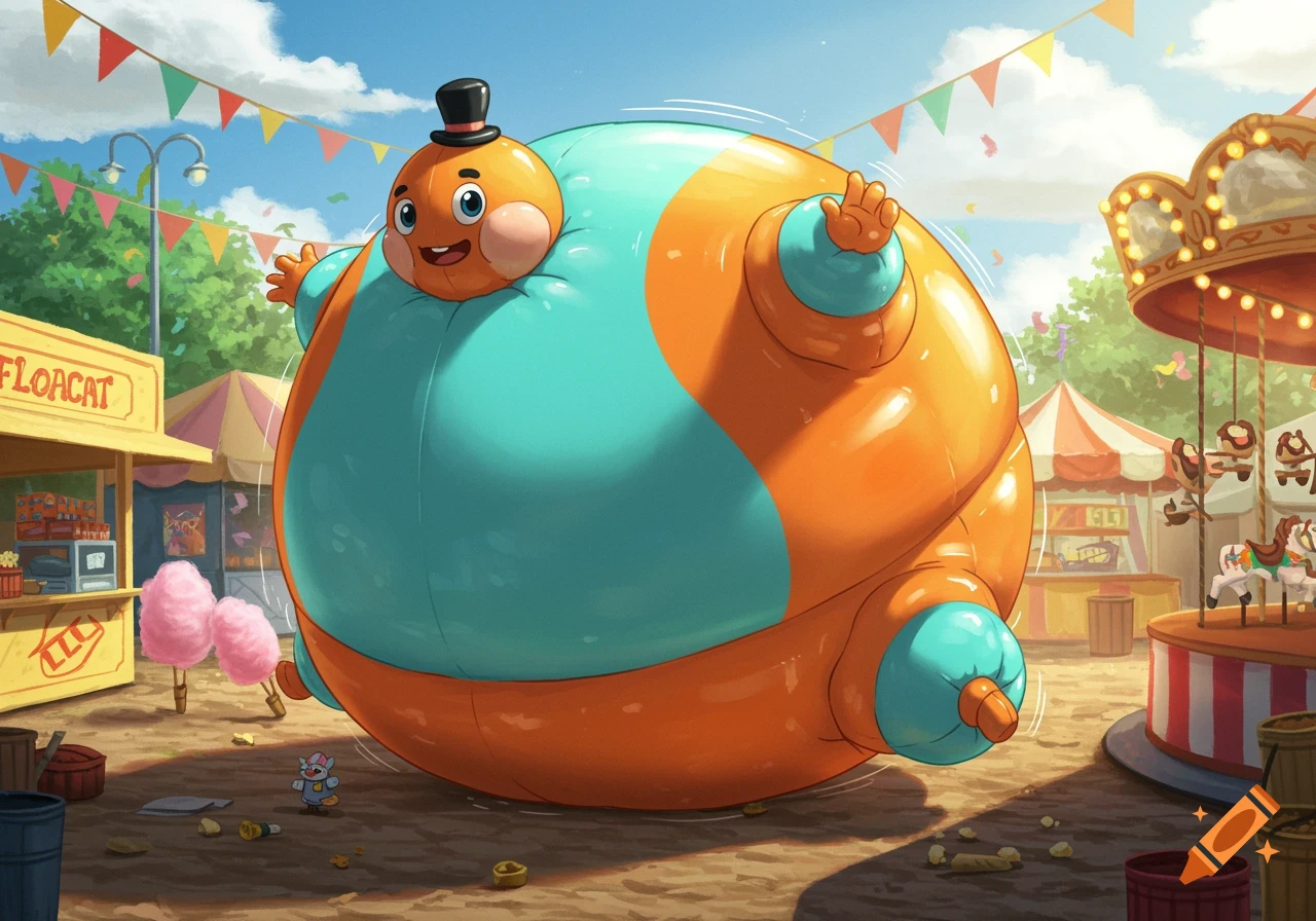 A happy, orange and teal cartoon character, shaped like a large inflatable balloon, stands in a bustling carnival ground with tents and a carousel.
