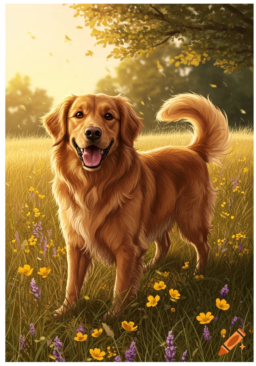 Happy Golden Retriever standing in a sunny field of tall grass and colorful wildflowers, illustrated.