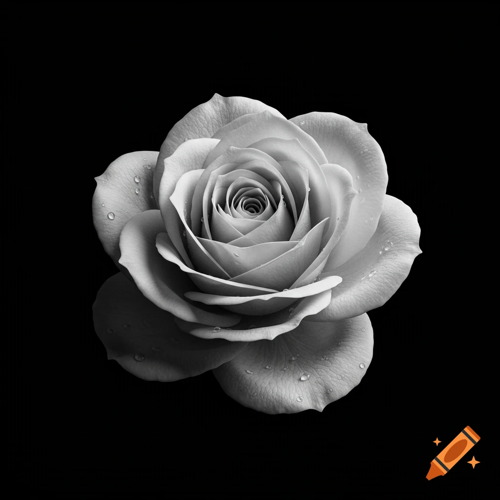 A close-up, black and white photograph of a white rose with water droplets on its petals, set against a dark background.