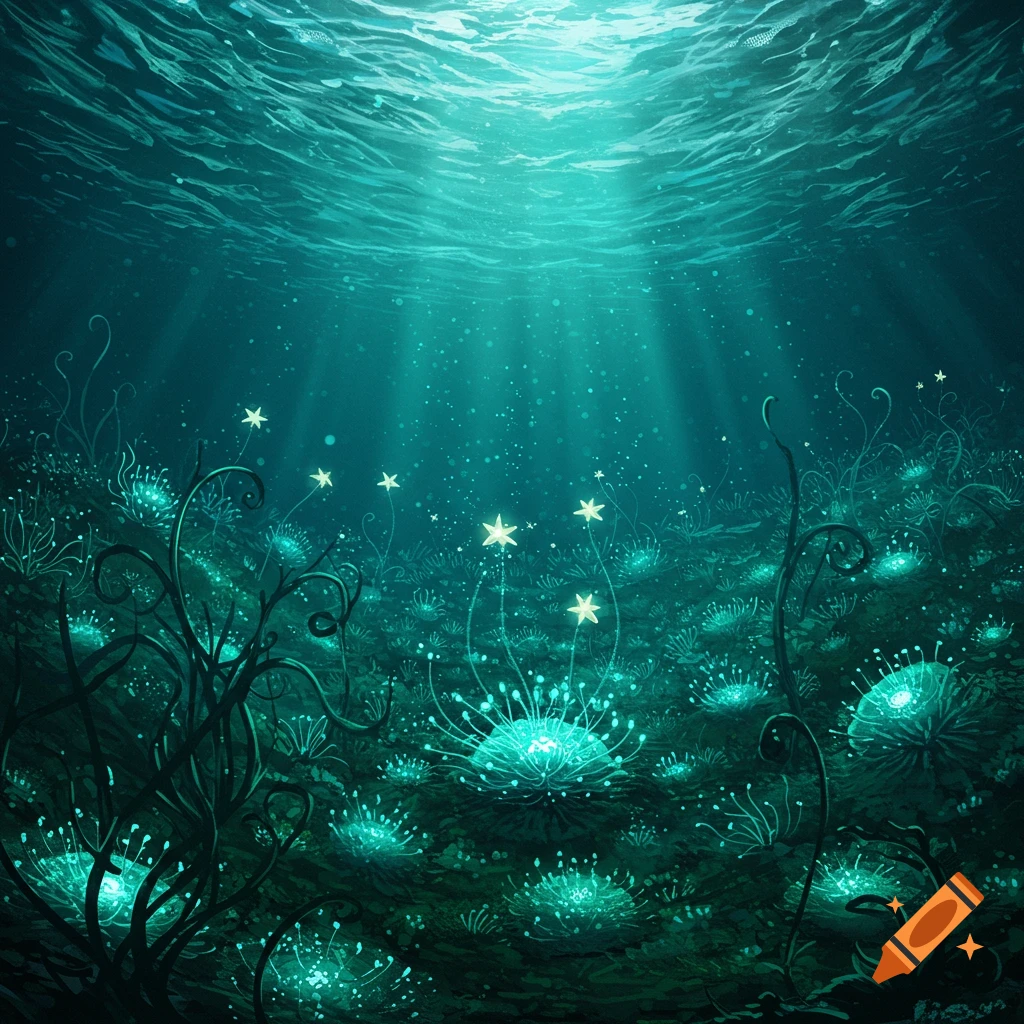 A vibrant underwater scene with light filtering through the surface, illuminating a glowing field of fantastical plants and stars on the seabed.