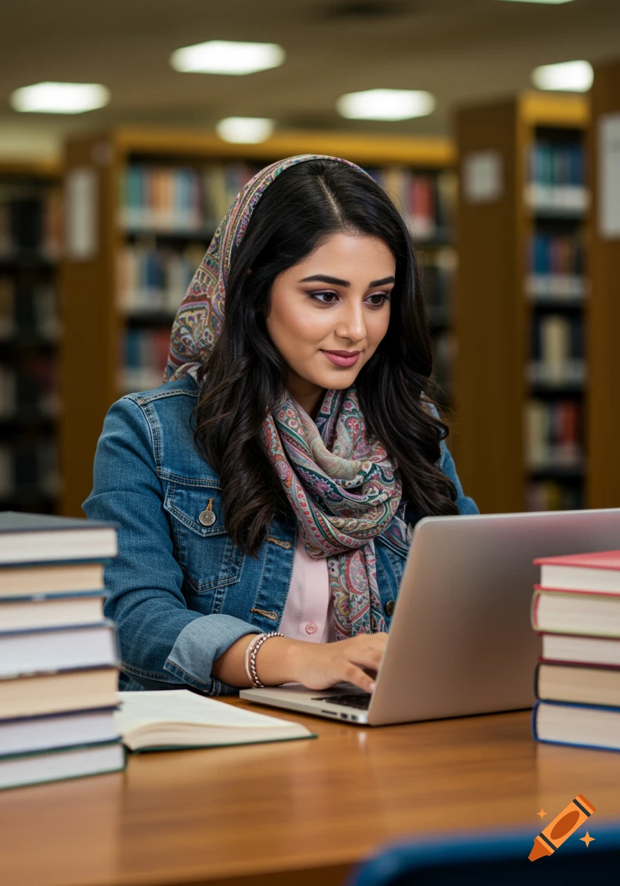 A young woman wearing a denim jacket and patterned scarf uses a laptop at a wooden table in a library, with stacks of books beside her.