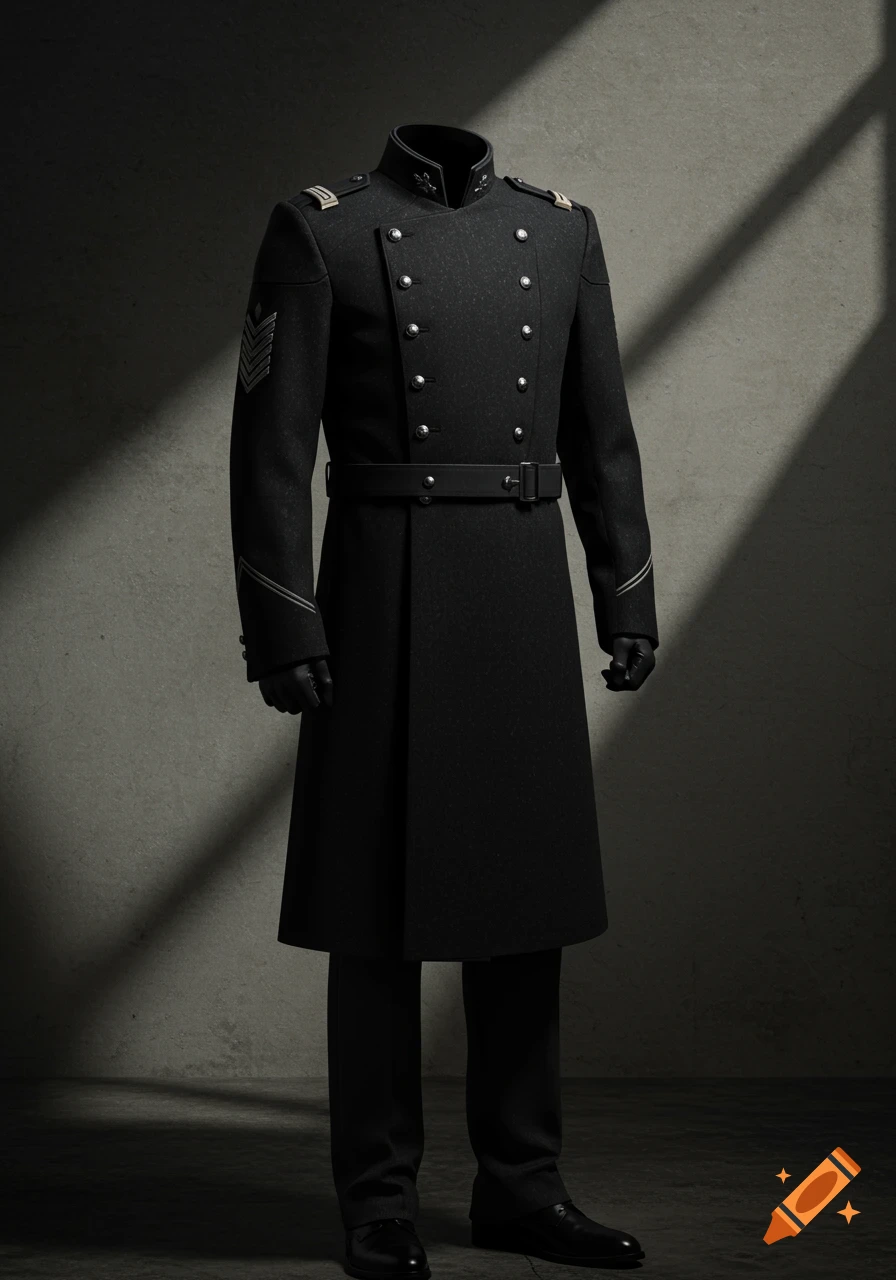 A dark, modern military-style greatcoat with silver buttons, epaulets, and arm insignia, displayed on a headless mannequin.