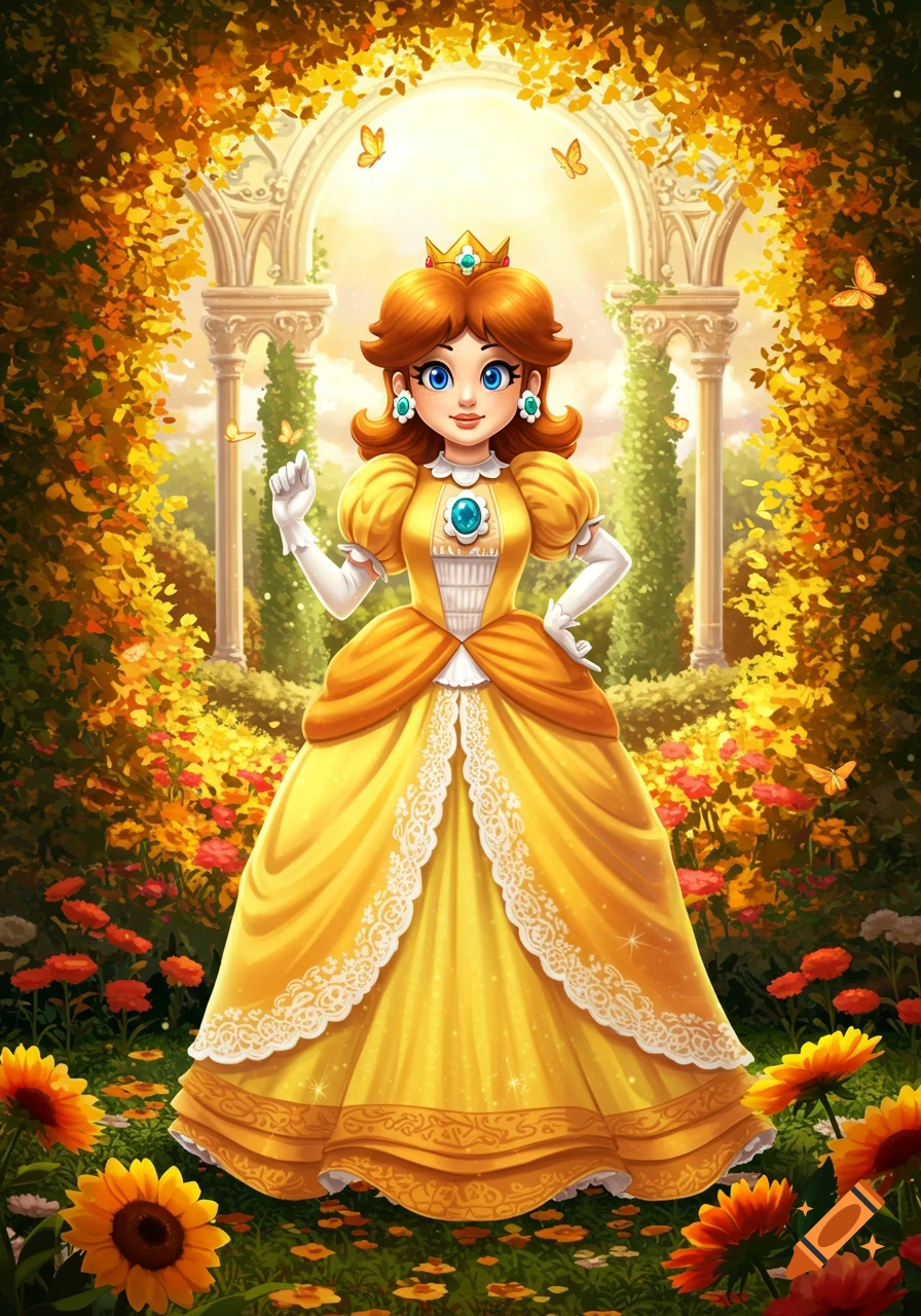 Princess Daisy in a vibrant yellow gown stands in an autumnal garden with an ornate archway, surrounded by flowers and butterflies.