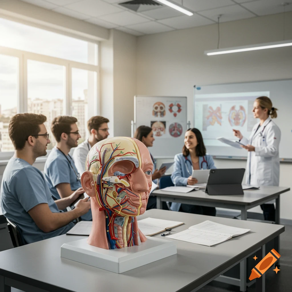 A photorealistic image of a medical class, with students and a teacher in a classroom, and an anatomical head model in the foreground.