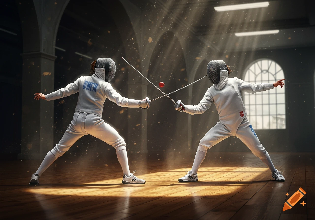 Two fencers in white uniforms and masks face each other with foils crossed, illuminated by light rays in a dark hall.