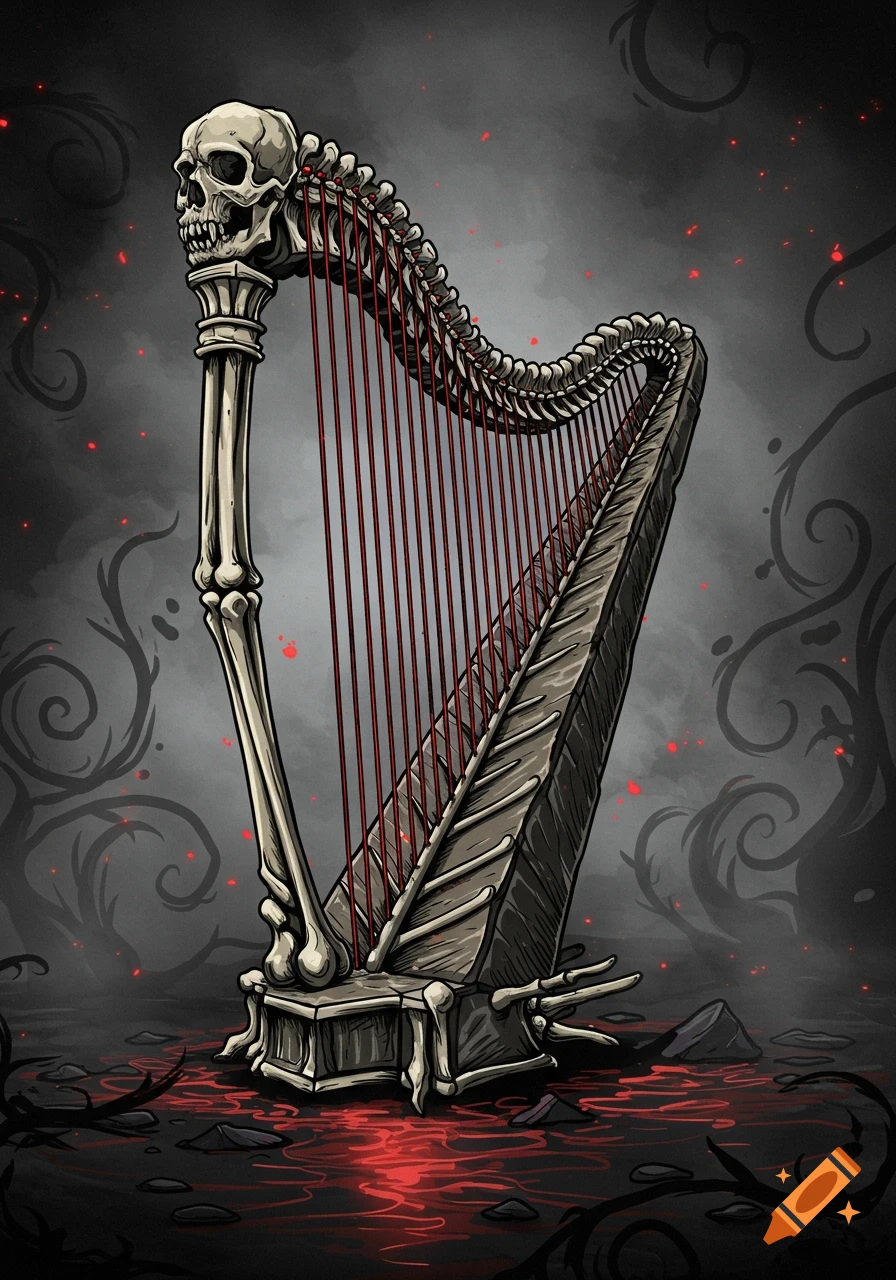 A cartoon gothic harp crafted from bones and a skull, featuring red strings, resting in a pool of red liquid on a dark, spooky background.