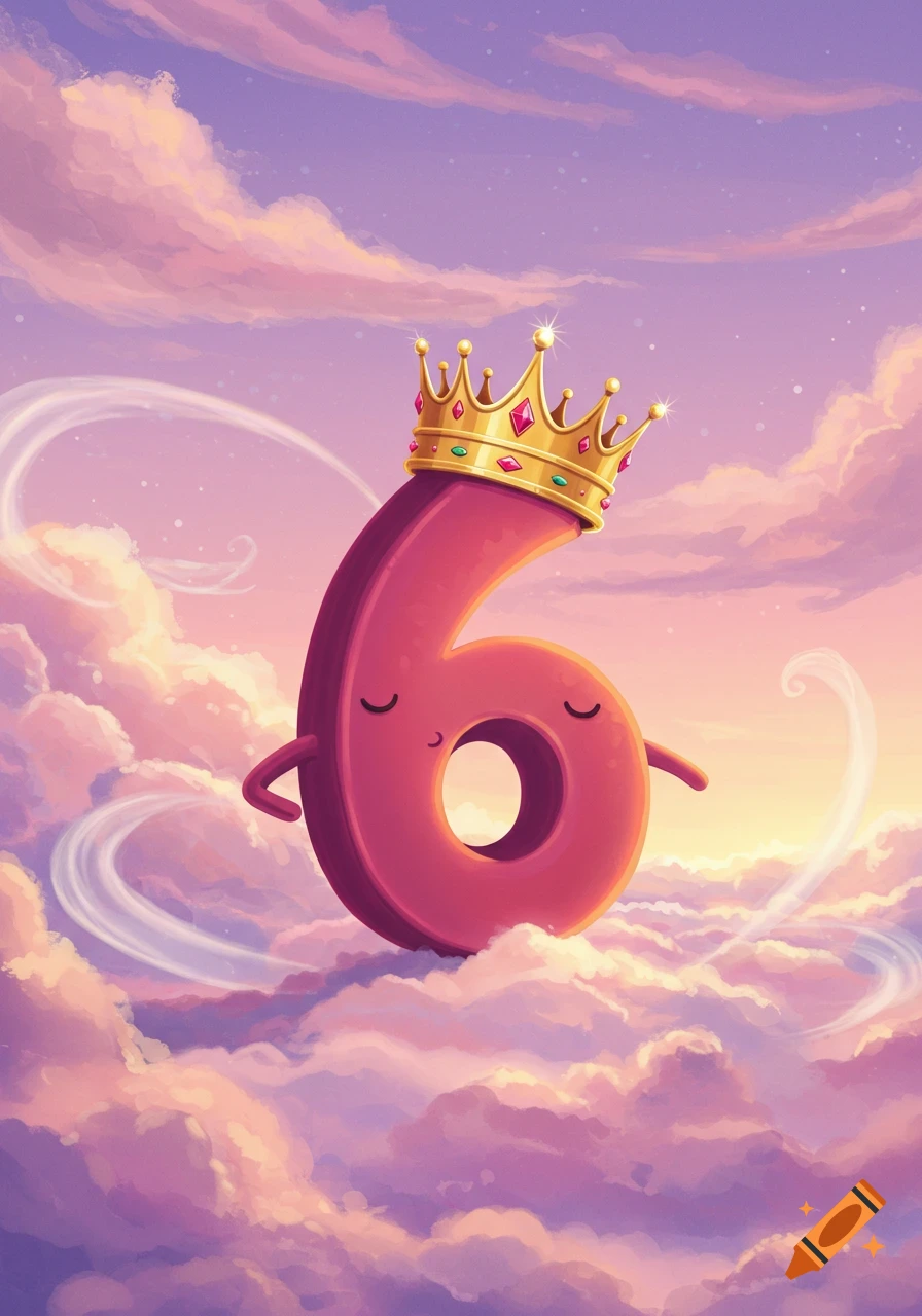 Cartoonish pink number 6 with a golden crown, floating among pastel pink and purple clouds in a whimsical sky.