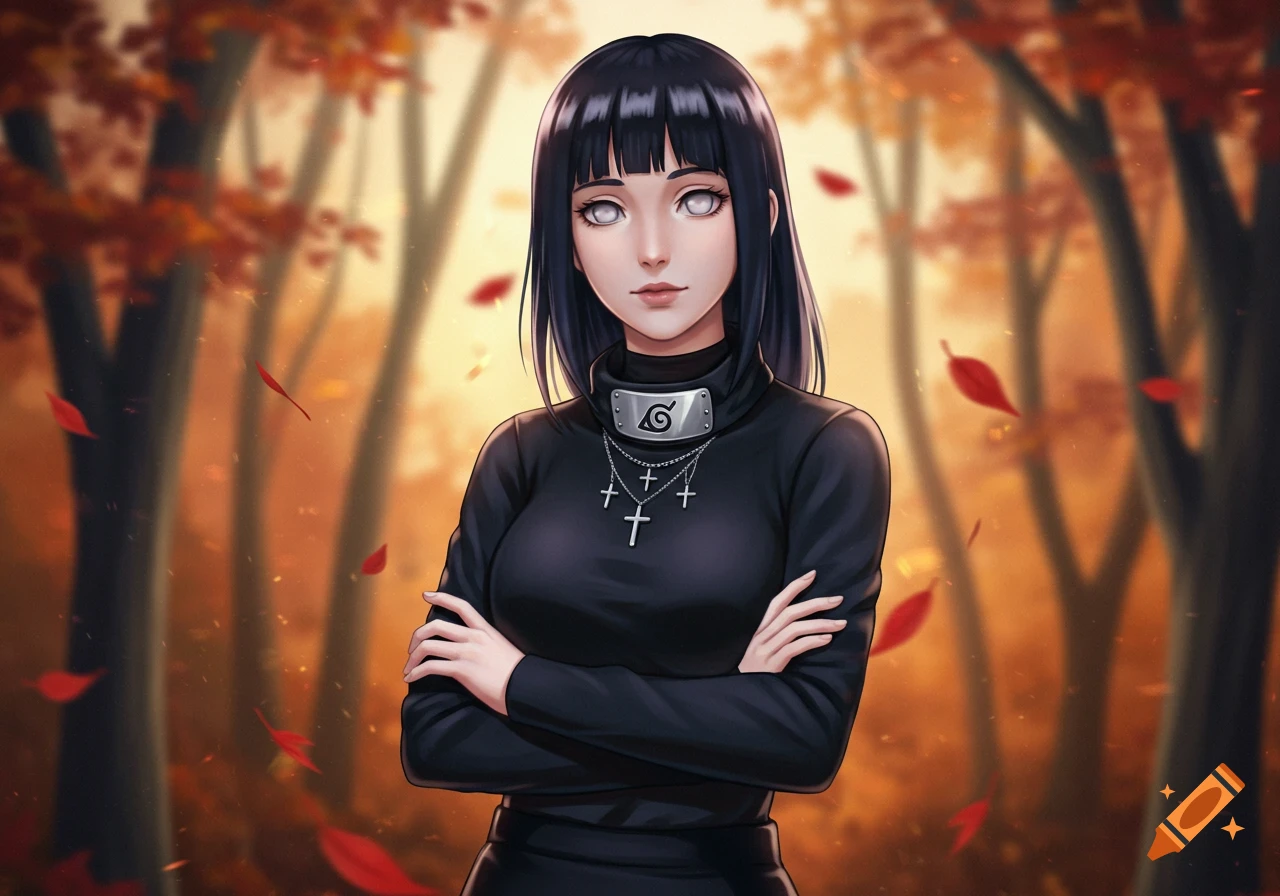 Anime illustration of Hinata from Naruto with black hair and white eyes, wearing a black top, crossed arms, and a Konoha headband, set in an autumn forest.