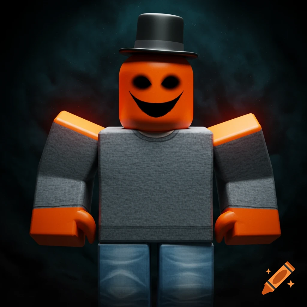 A Roblox character with an orange pumpkin-like head, black void eyes, and a scary smile, wearing a gray shirt, light blue jeans, and a black top hat against a dark, smoky background.