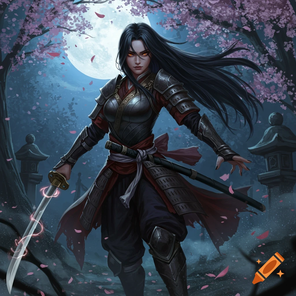 A dark-haired female samurai warrior in armor holding a glowing katana under a full moon with cherry blossoms. Digital art.