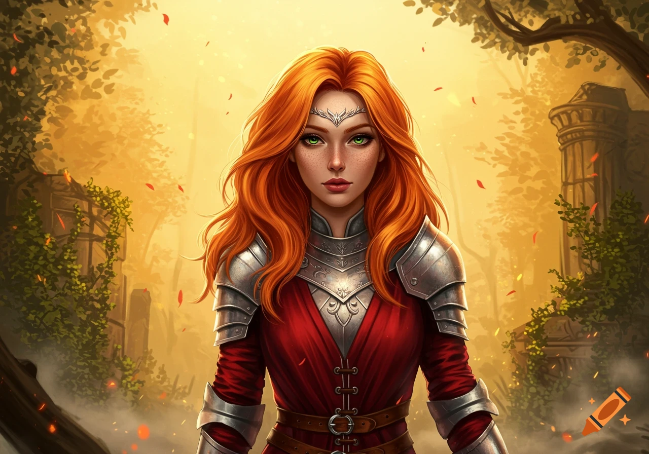 A beautiful ginger woman with green eyes wearing a red dress and silver armor stands in a golden fantasy forest with ruins.