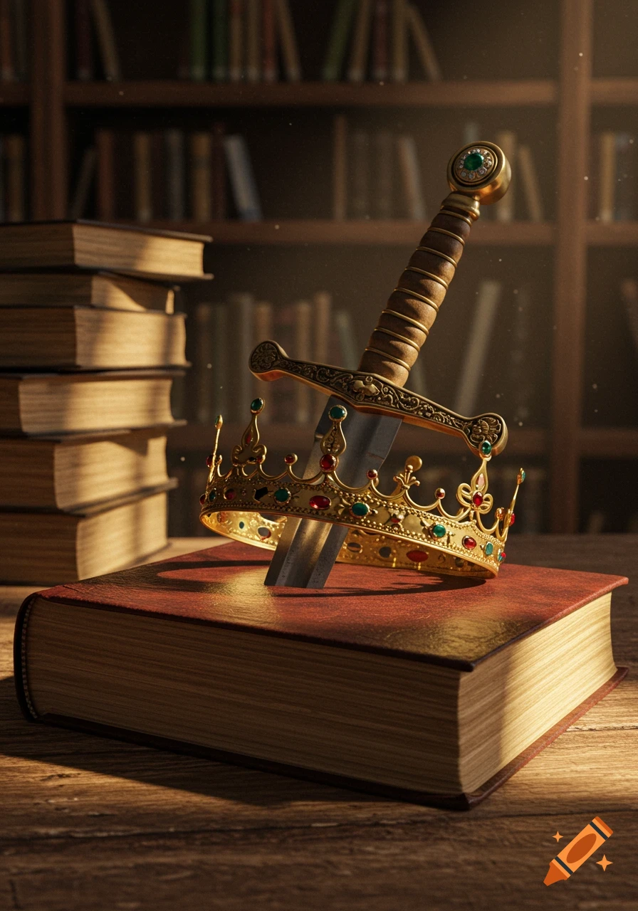 A sword with a crown resting on it, plunged into a large book on a wooden table in a library.