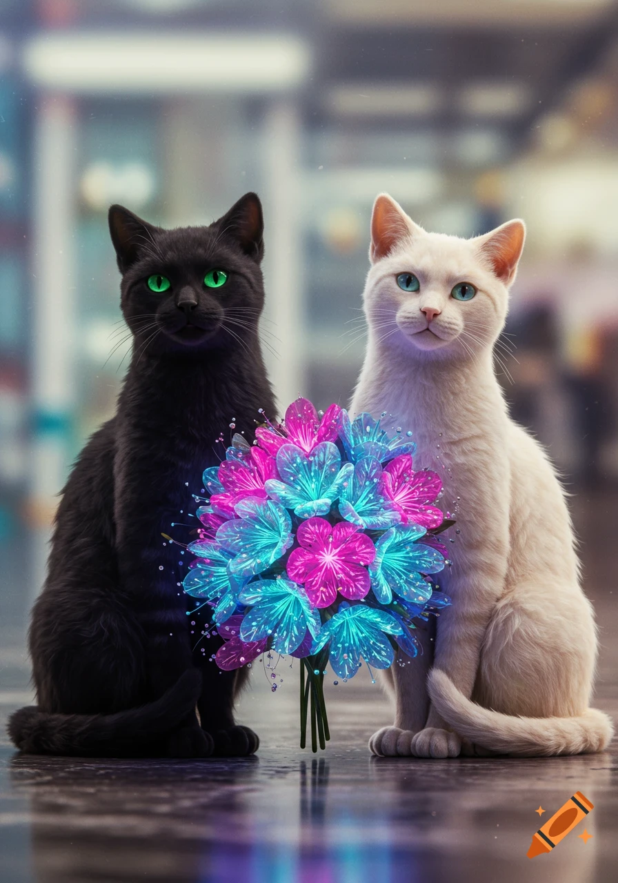 A black cat and a white cat sit side-by-side with a glowing bouquet of pink and blue flowers between them.
