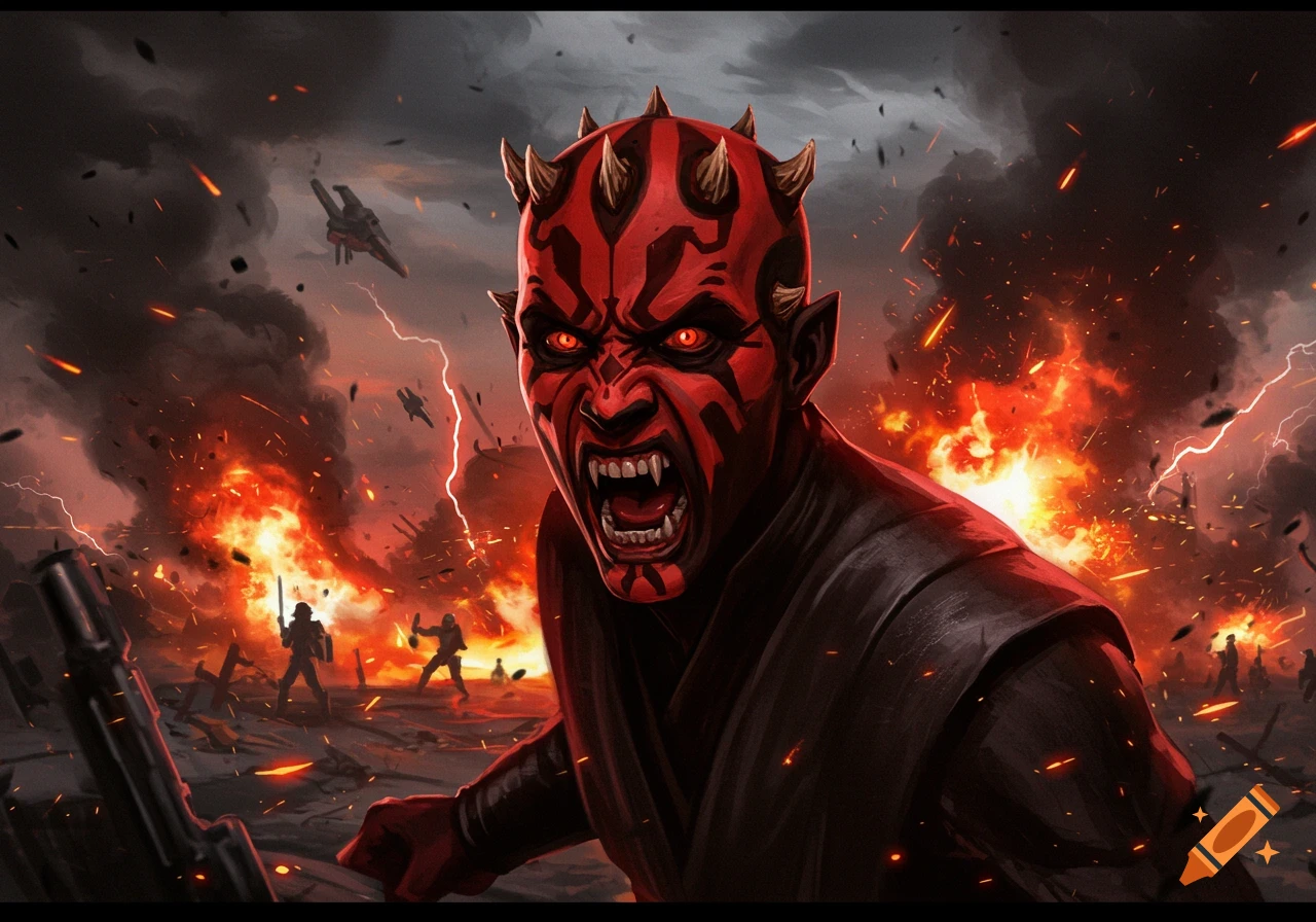 Darth Maul screams with bared teeth, red eyes glowing, against a fiery battlefield with explosions, lightning, and distant figures.