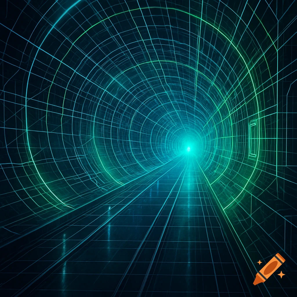 A glowing blue-green wireframe tunnel receding into the distance with a bright light at the end, in a digital art style.