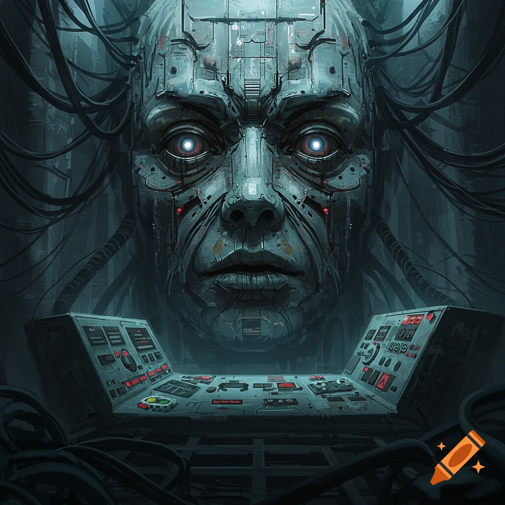 A dark, detailed science fiction illustration of a massive, wired robot head with glowing red-blue eyes overseeing a complex control panel.