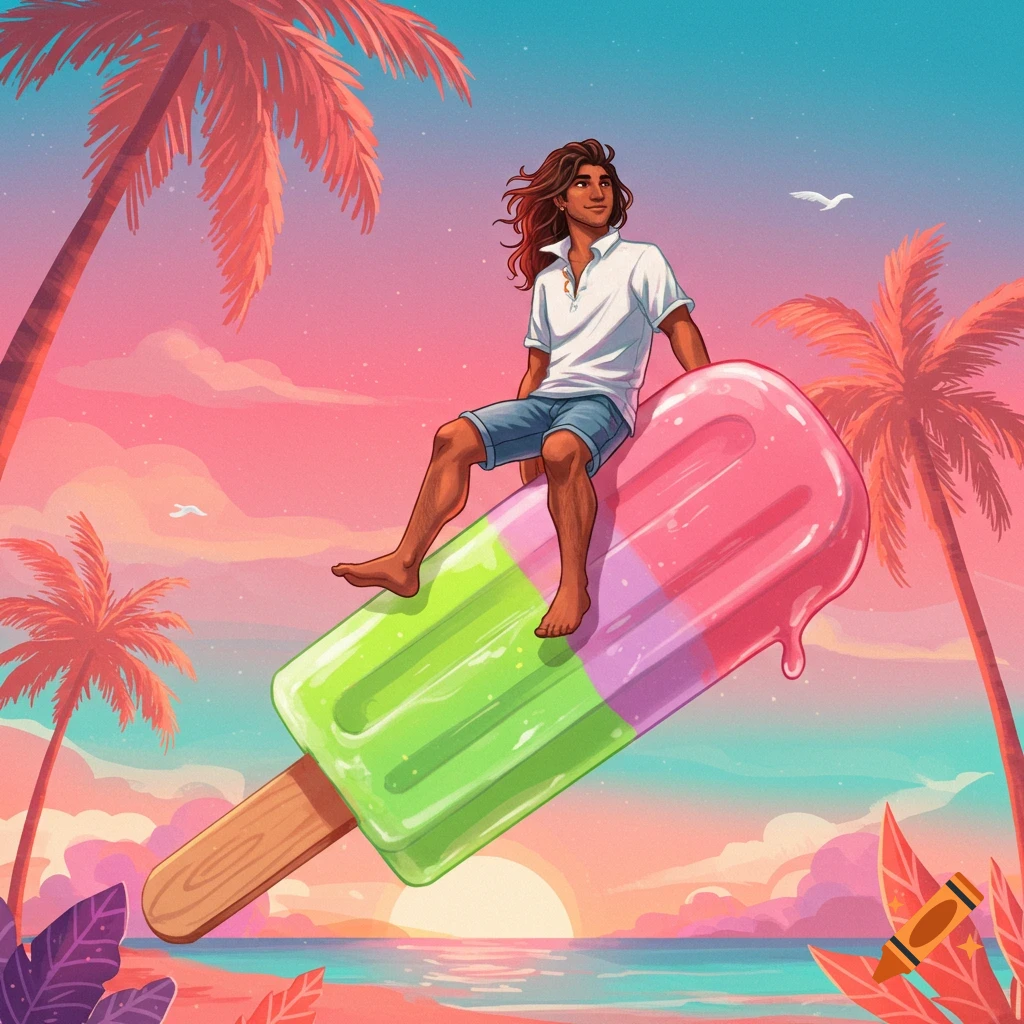 A vibrant illustration of a person with long hair sitting on a giant melting popsicle at a tropical beach sunset.