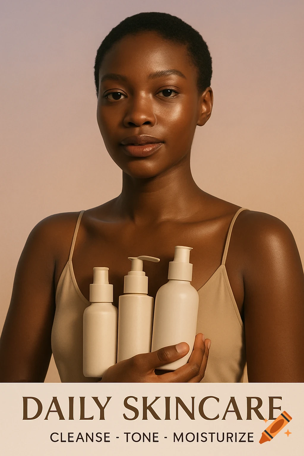 A woman with glowing skin holds three skincare product bottles below text reading 'Daily Skincare: Cleanse - Tone - Moisturize'.