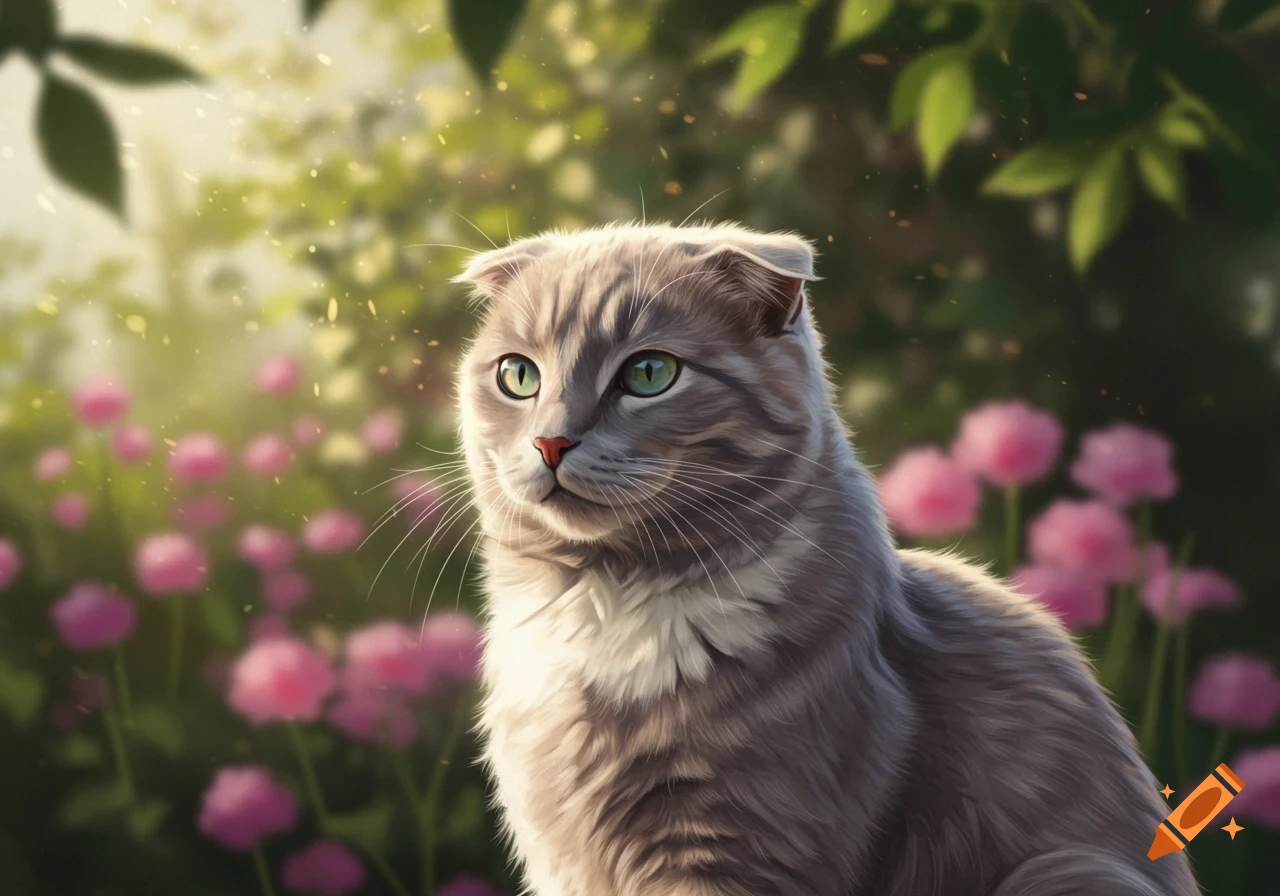 A gray tabby cat with green eyes and folded ears sits among pink flowers in a sunlit garden.