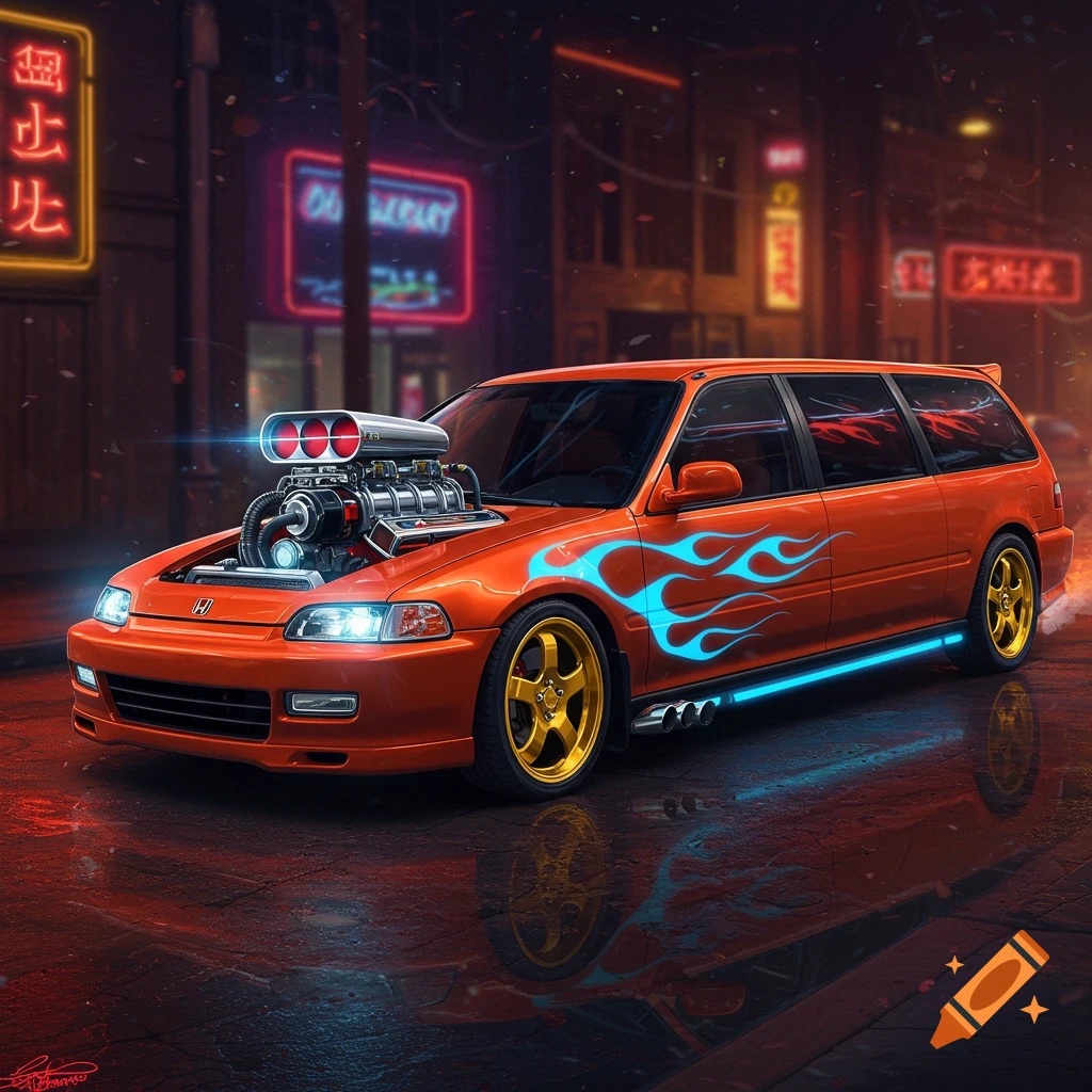 An orange customized Honda Civic wagon with a hot rod engine, blue flames, gold rims, and neon underglow on a wet street at night.