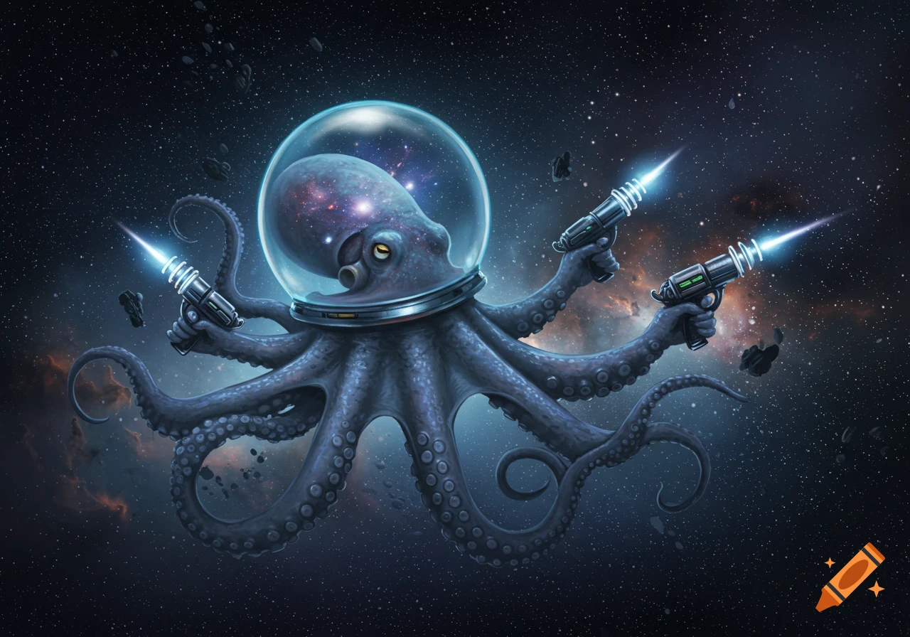 An illustrated octopus in a space helmet floats in space, holding four ray guns with its tentacles.
