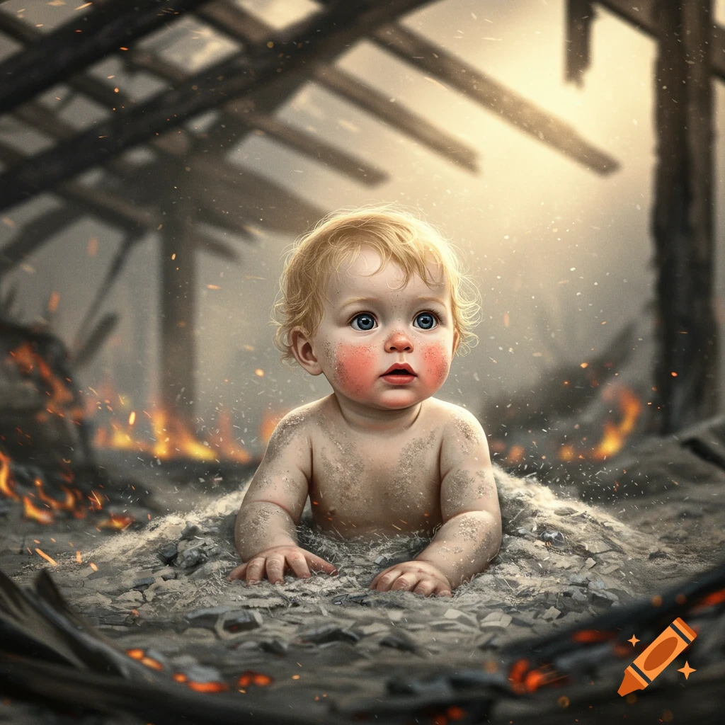 A photorealistic image of a blonde baby covered in dust and ash, sitting in rubble with fires burning in the background.