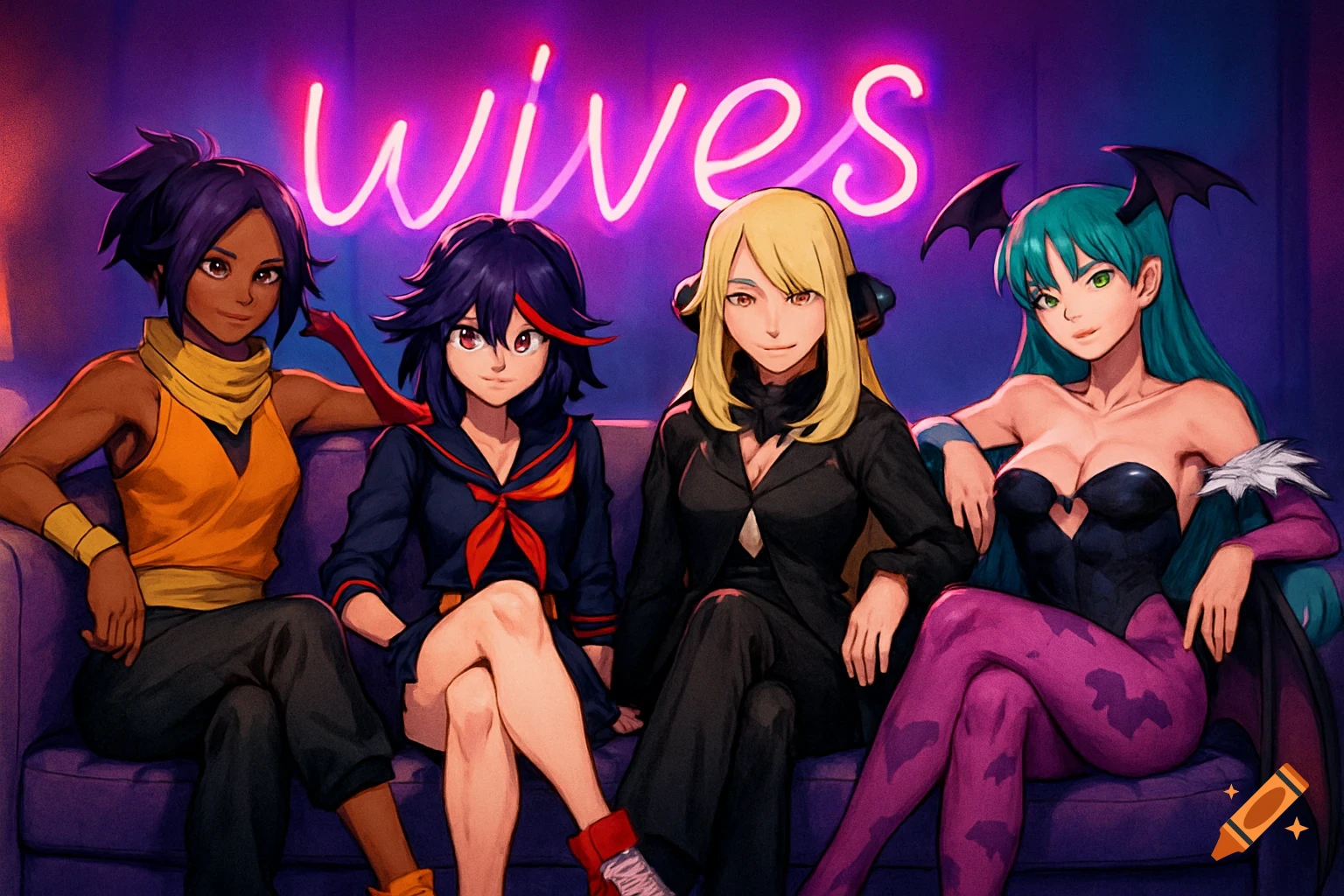 Four anime-style female characters, including Yoruichi, Ryuko, Cynthia, and Morrigan, sit on a purple couch under a neon sign that reads "wives" in a dark room.