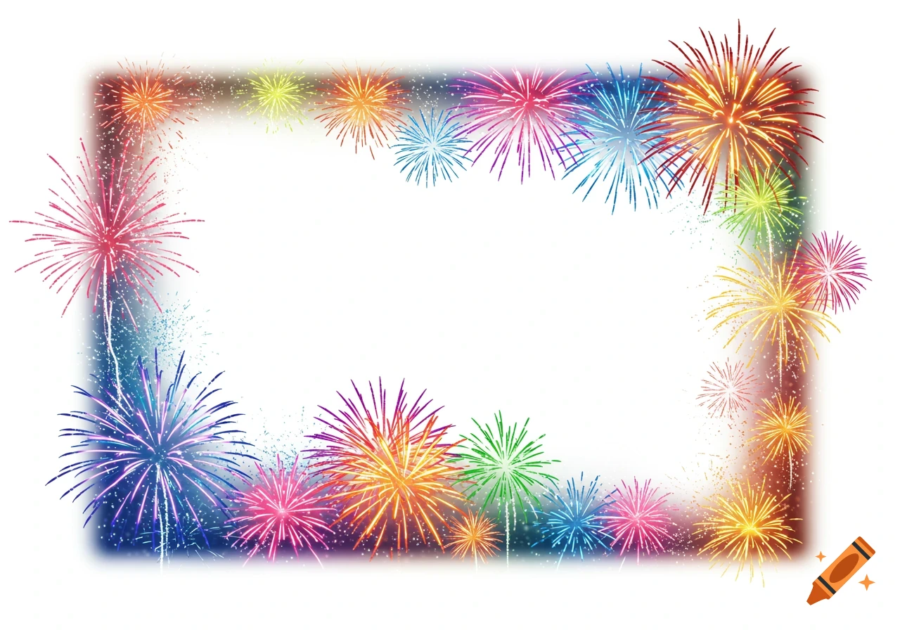 A white rectangular frame surrounded by colorful exploding fireworks of various sizes and colors like red, orange, yellow, green, and blue.