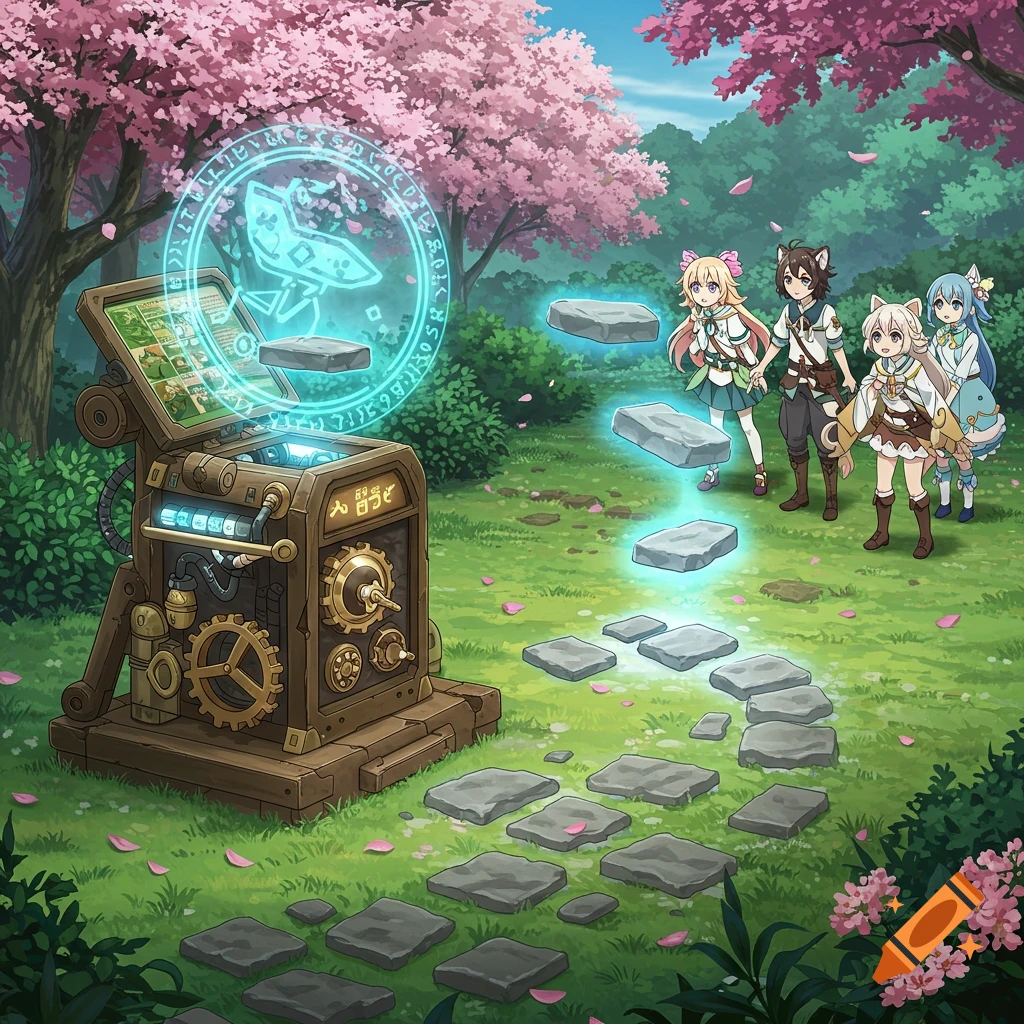 Four anime characters, some with animal ears, observe a large, ornate cobblestone generator machine in a cherry blossom forest, producing glowing stone blocks that form a path.