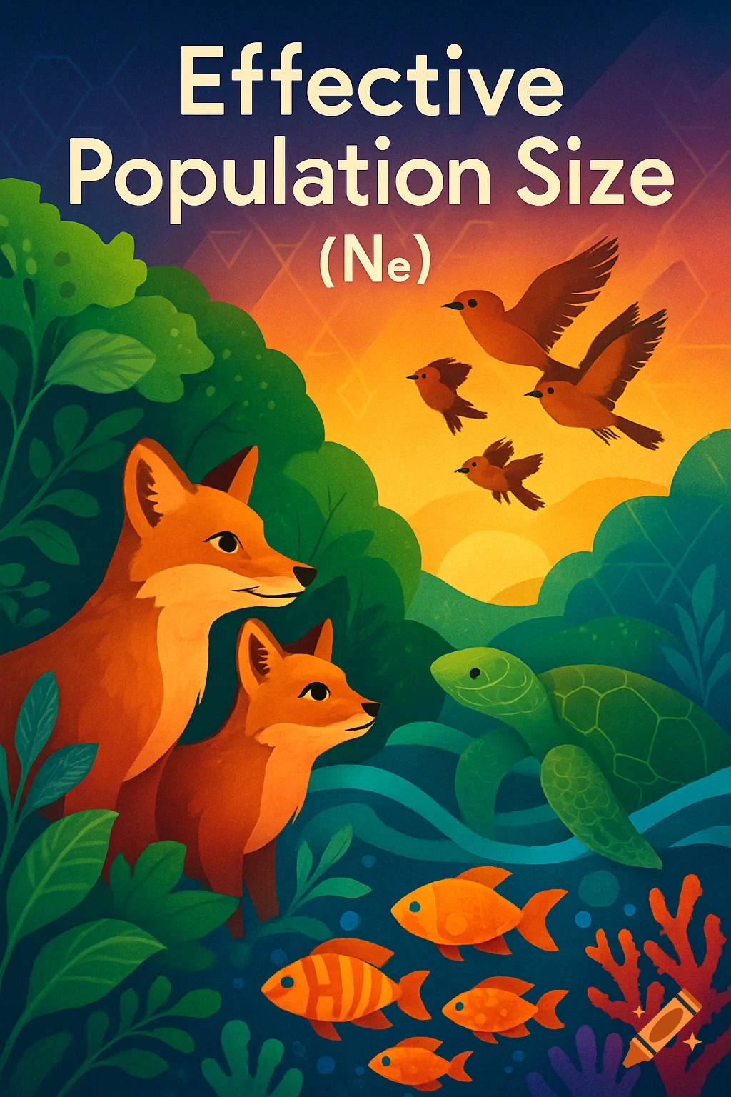 Colorful illustration with two foxes, birds, a turtle, and fish in a natural setting, with text 'Effective Population Size (Ne)'.