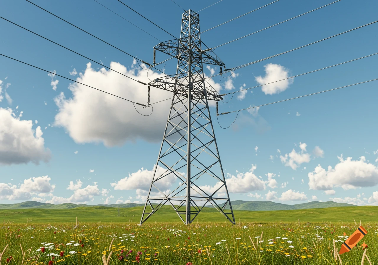 A large power pylon stands tall in a green, grassy field filled with wildflowers under a clear blue sky with white clouds.