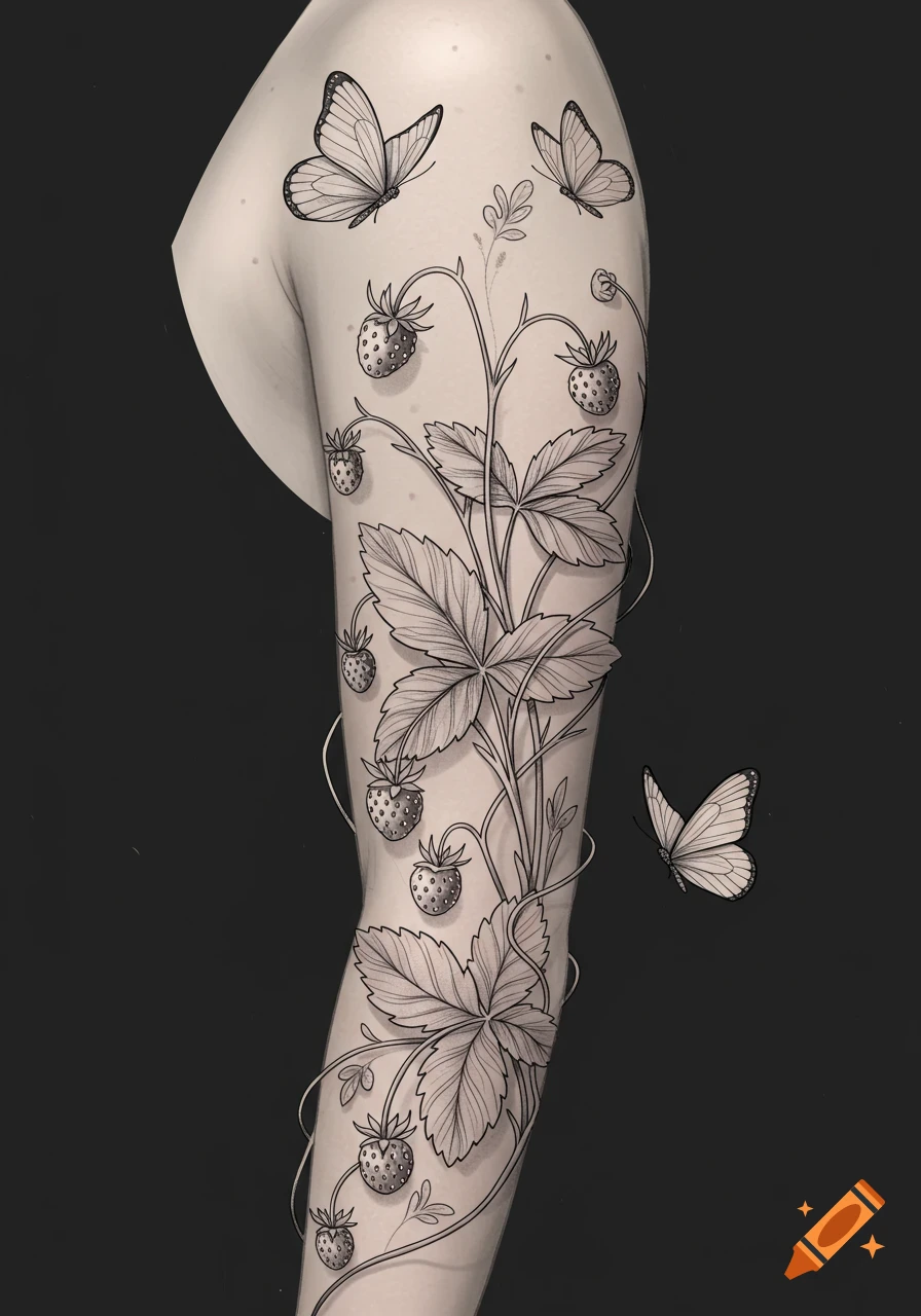 Black and white line art tattoo of strawberry plants and three butterflies on a person's arm.
