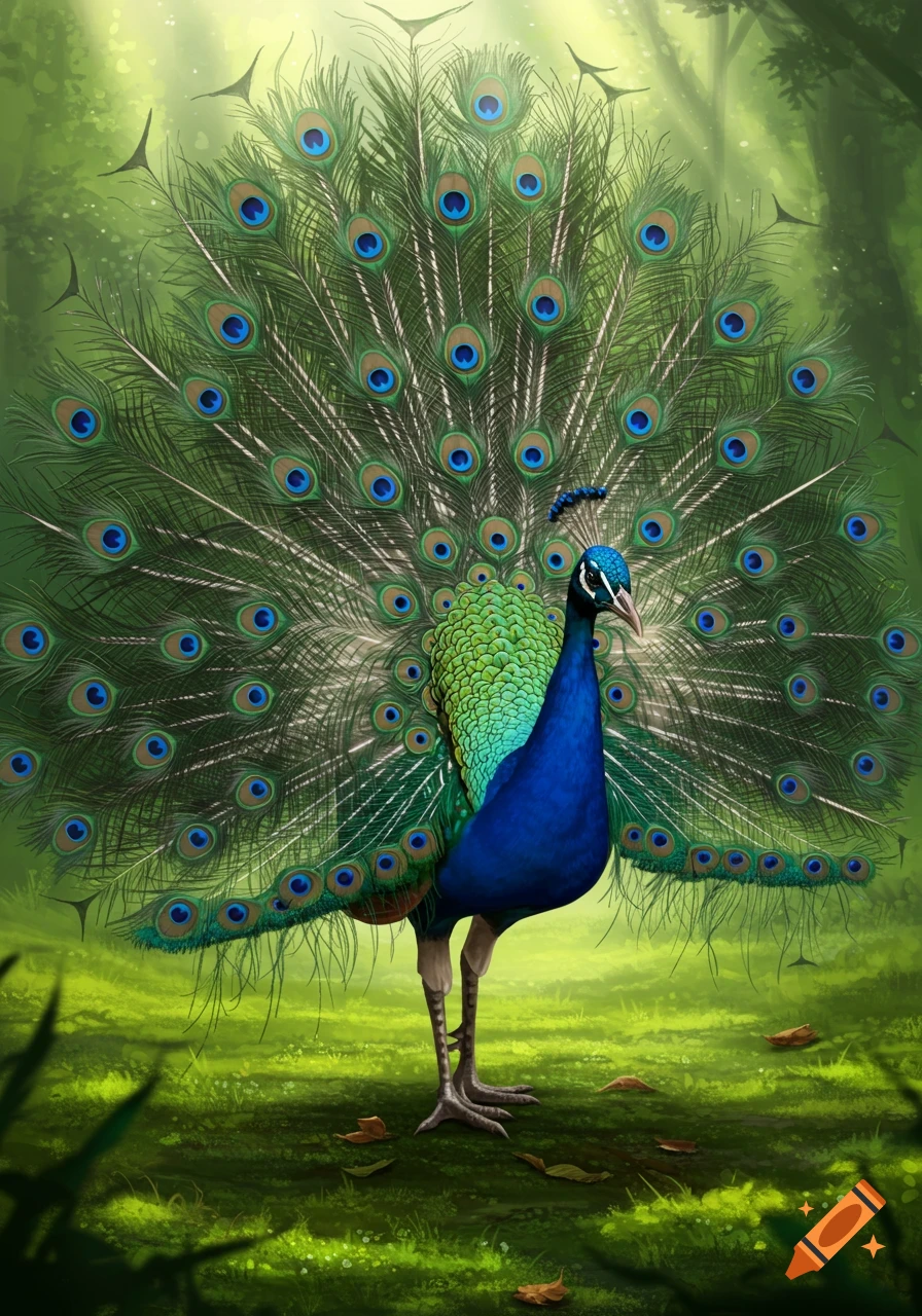A vibrant peacock with its tail feathers fanned out, standing in a lush green forest with sunlight filtering through the trees.