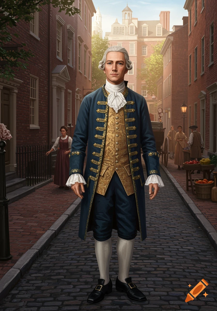 A man in a blue 18th-century suit and white wig stands on a cobblestone street, with historical brick buildings and people in the background.