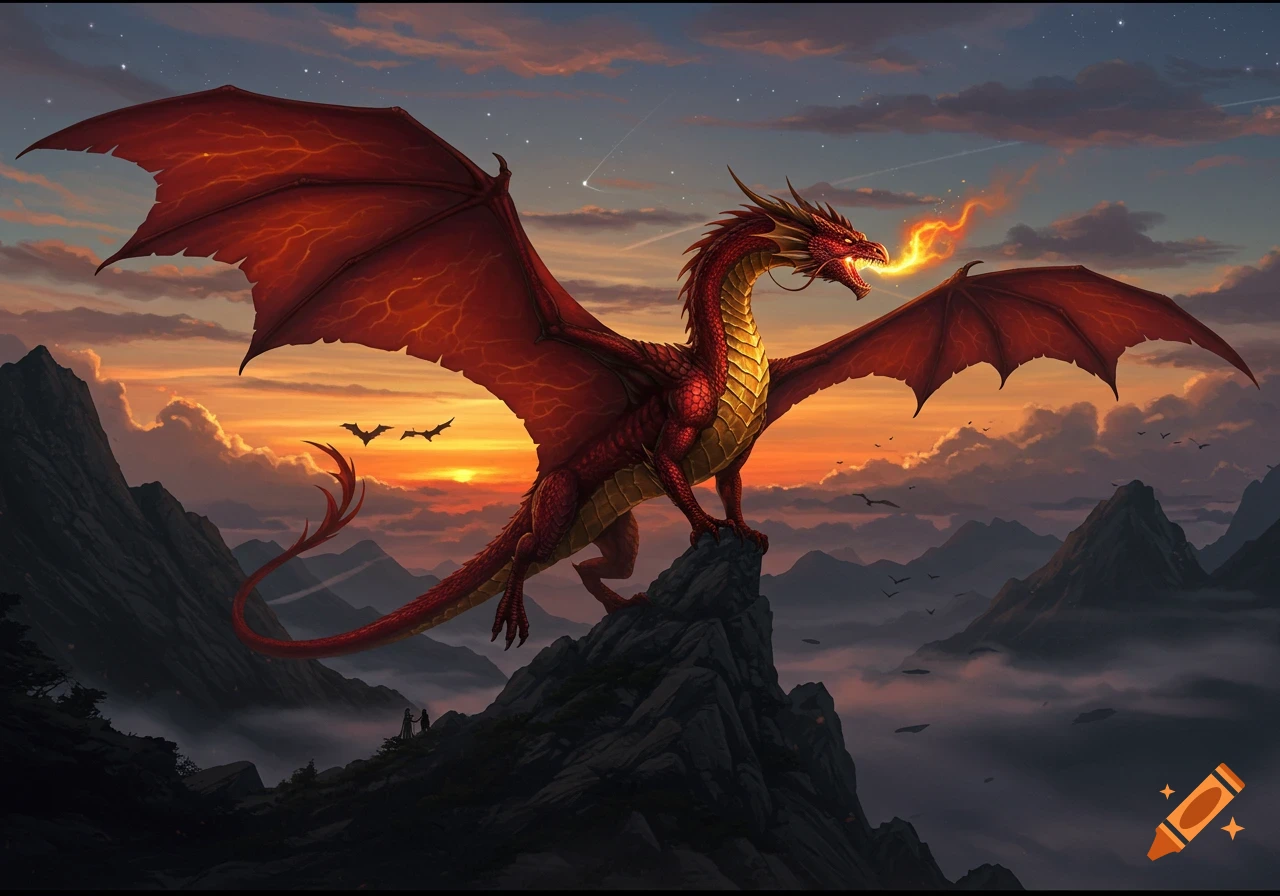 A majestic red and gold dragon breathes fire from a mountain peak at sunset, overlooking a misty landscape.