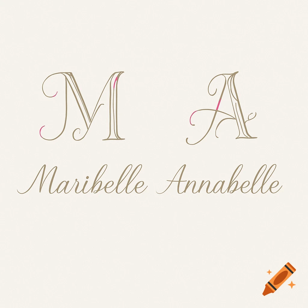 Elegant gold and pink M and A monograms with names Maribelle and Annabelle in script below on a textured background.