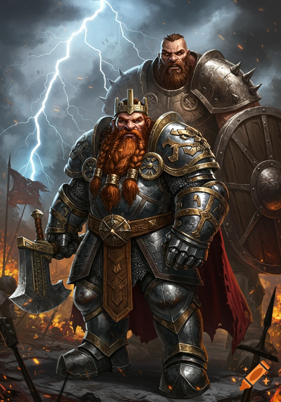 A fierce dwarf king warrior in ornate armor stands with a massive Goliath warrior against a stormy, battlefield backdrop with lightning.