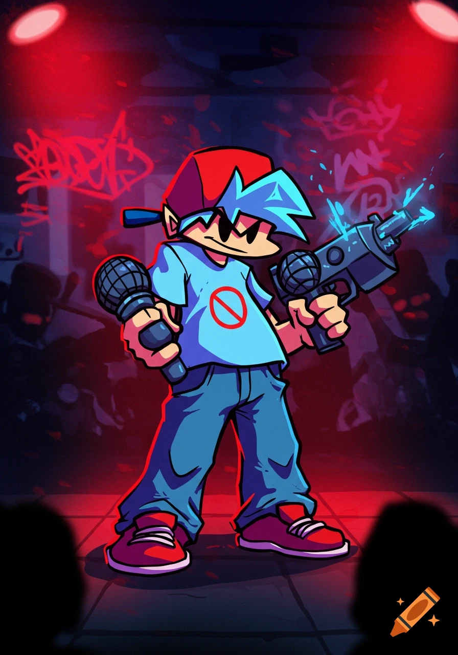 Cartoon character Boyfriend from FNF on stage, holding a microphone and a glowing gun under red lights.