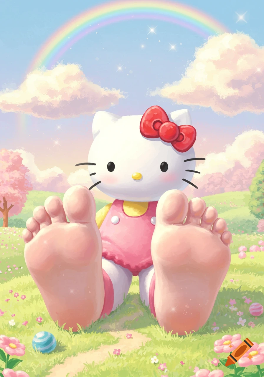 Hello Kitty with oversized feet sitting in a vibrant grassy field with flowers, under a rainbow and a sparkling sky.