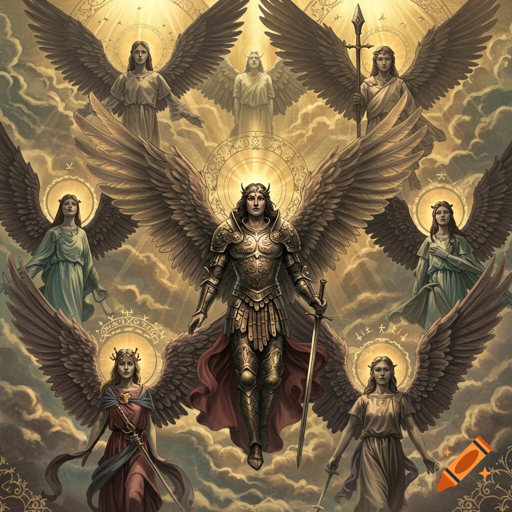 A majestic array of seven winged angels in a celestial setting, featuring a prominent armored angel with a sword in the center.