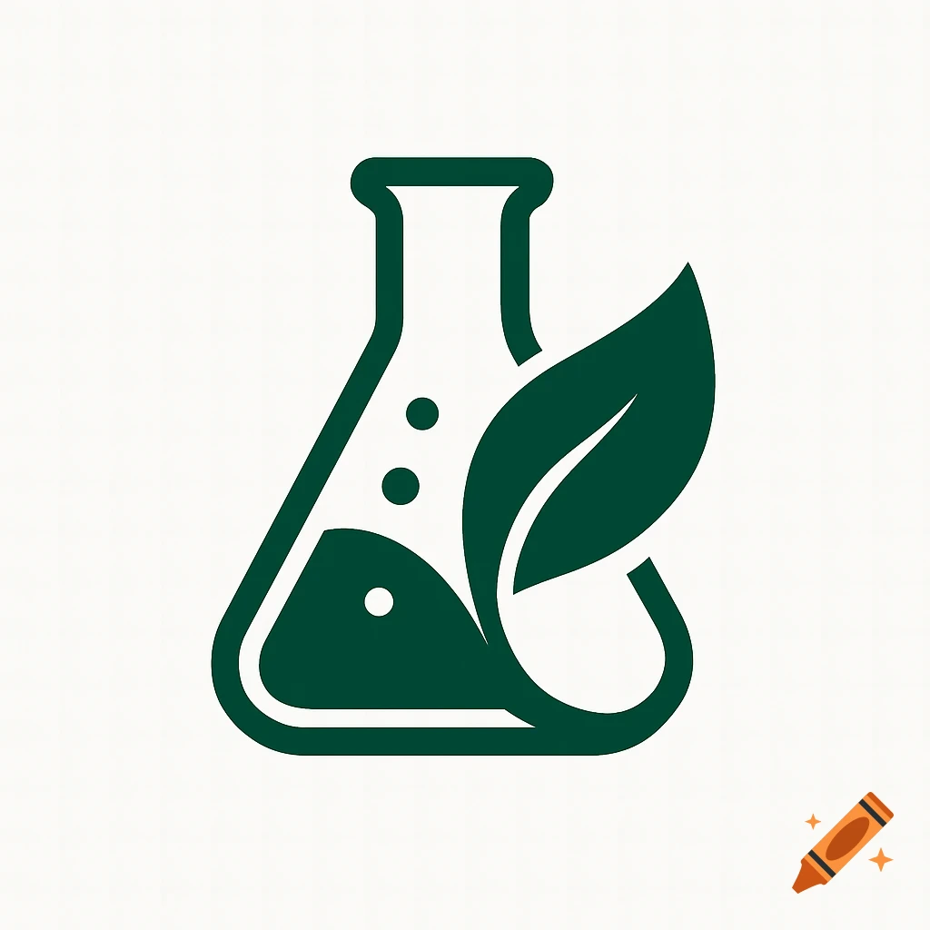 A minimalist dark green logo featuring a beaker intertwined with a plant leaf on a white background.