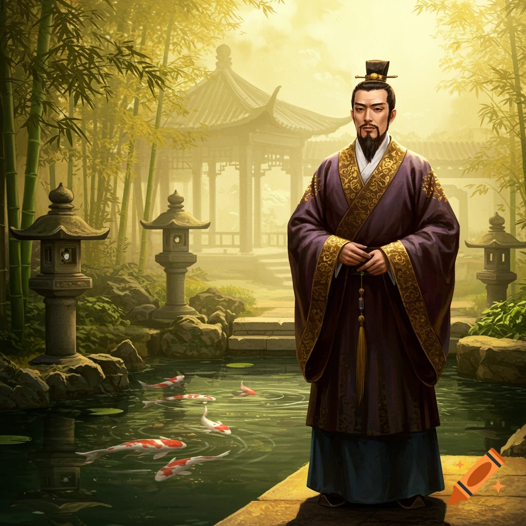 A man in a purple and gold traditional Chinese robe stands in a bamboo garden with a koi pond and pagodas.