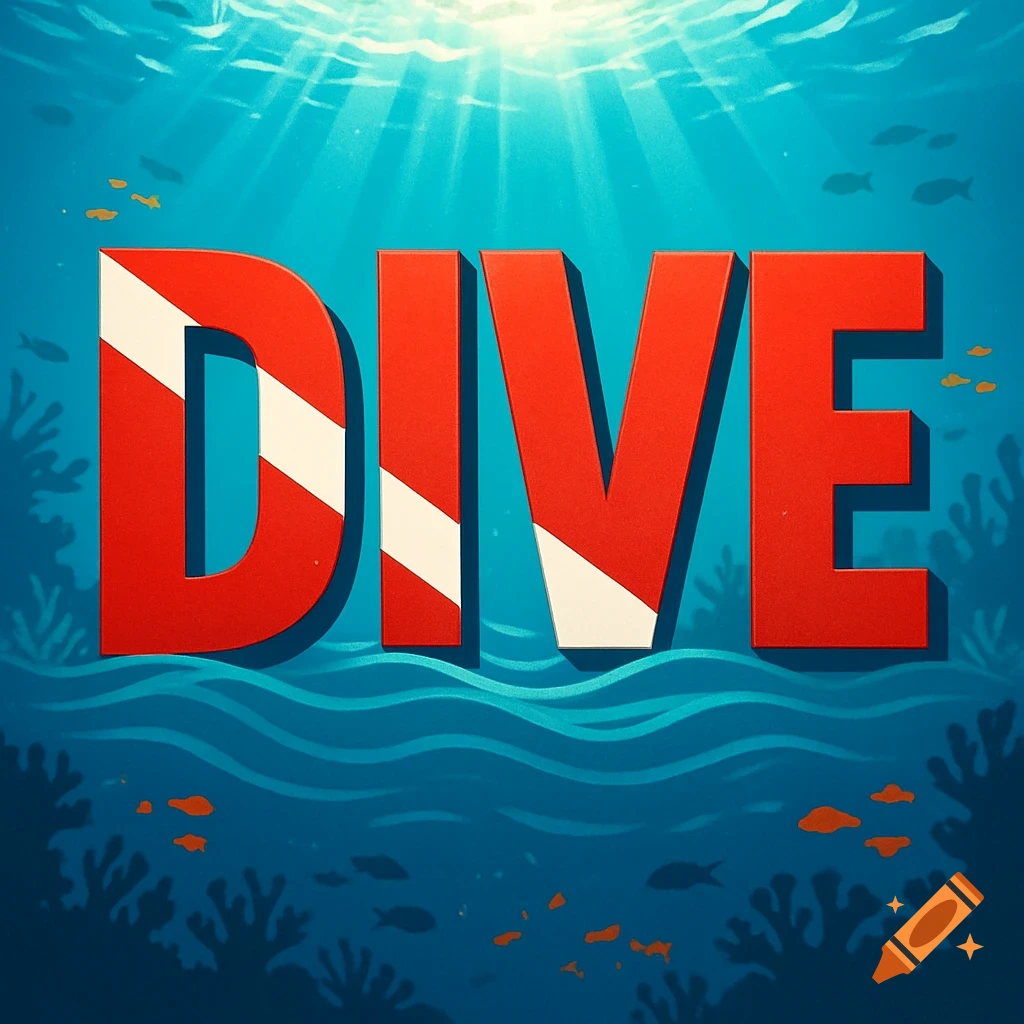 Stylized illustration of the word 'DIVE' in red and white dive flag colors, submerged in a blue ocean with fish and coral.