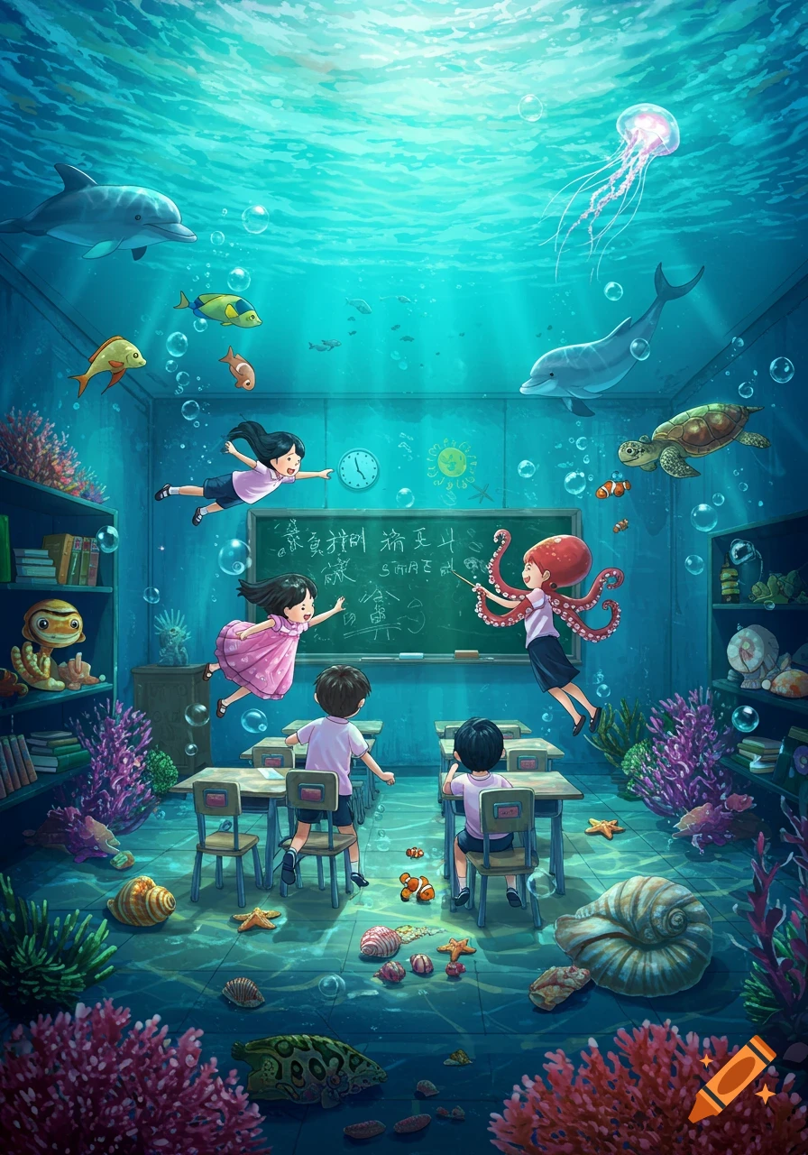 A vibrant underwater classroom with children floating and an octopus teacher at the blackboard, surrounded by marine life like dolphins and jellyfish.