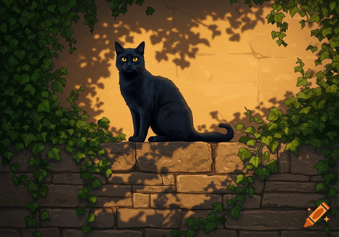 A black cat with bright yellow eyes sits on a stone wall covered in ivy under dappled sunlight.