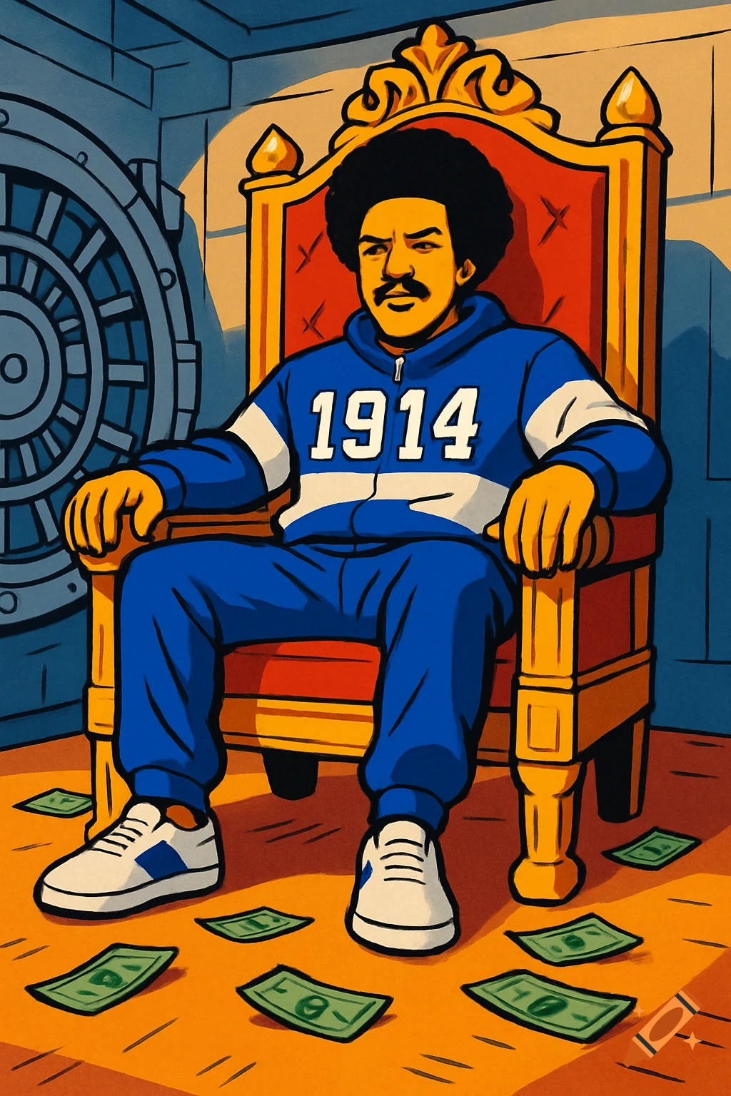 A cartoon man with an afro wearing a blue and white sweatsuit with '1914' sits on a golden throne in a bank vault, with money scattered at his feet.