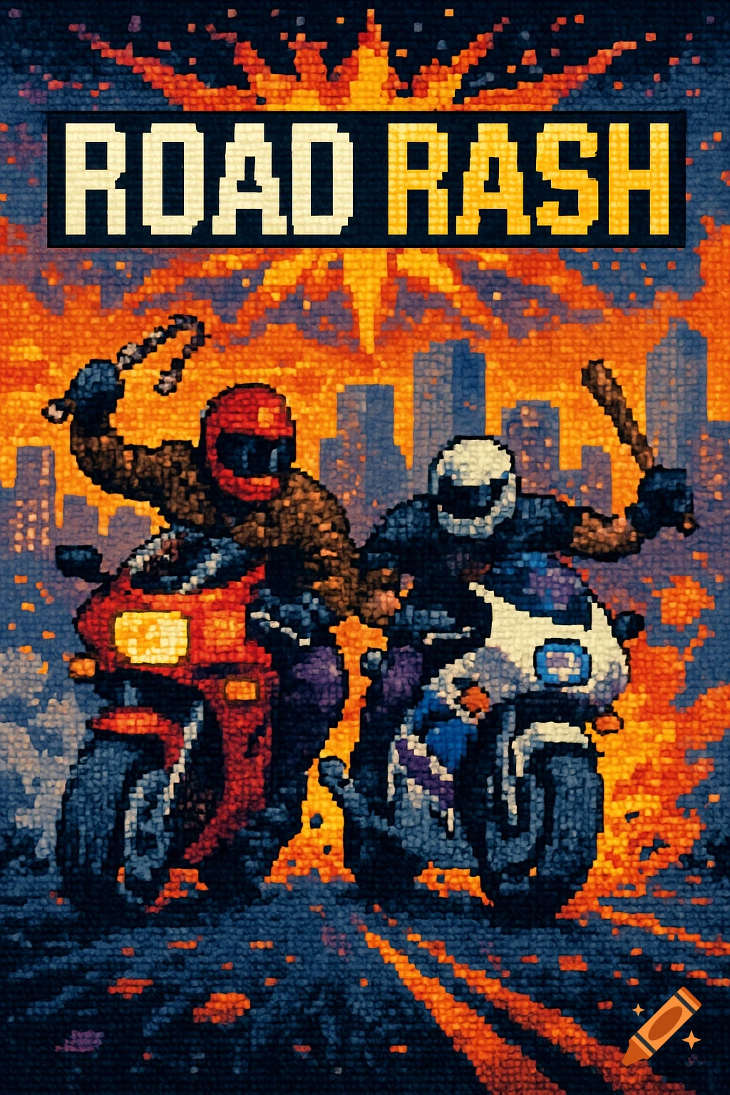 A pixel art poster for Road Rash, showing two motorcyclists, one with a chain, one with a bat, against a city explosion background.