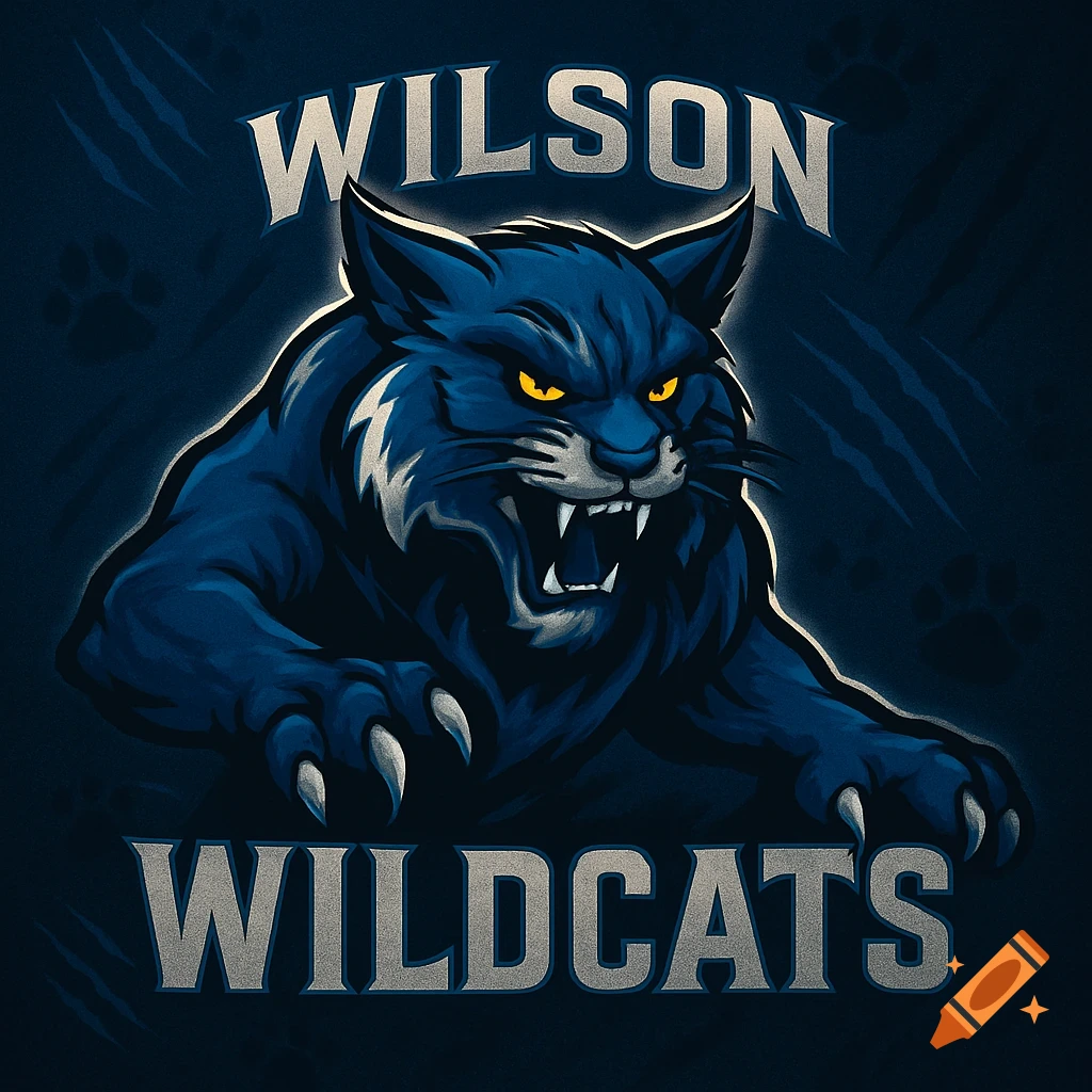 A stylized dark blue wildcat mascot with glowing yellow eyes, sharp claws, and fangs, with the words "WILSON" above and "WILDCATS" below, set against a dark background with paw prints.